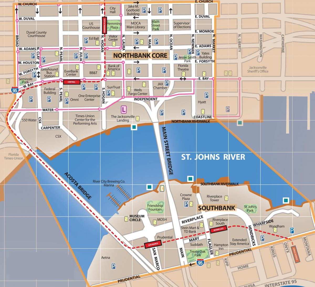 mapa do centro de Jacksonville FL